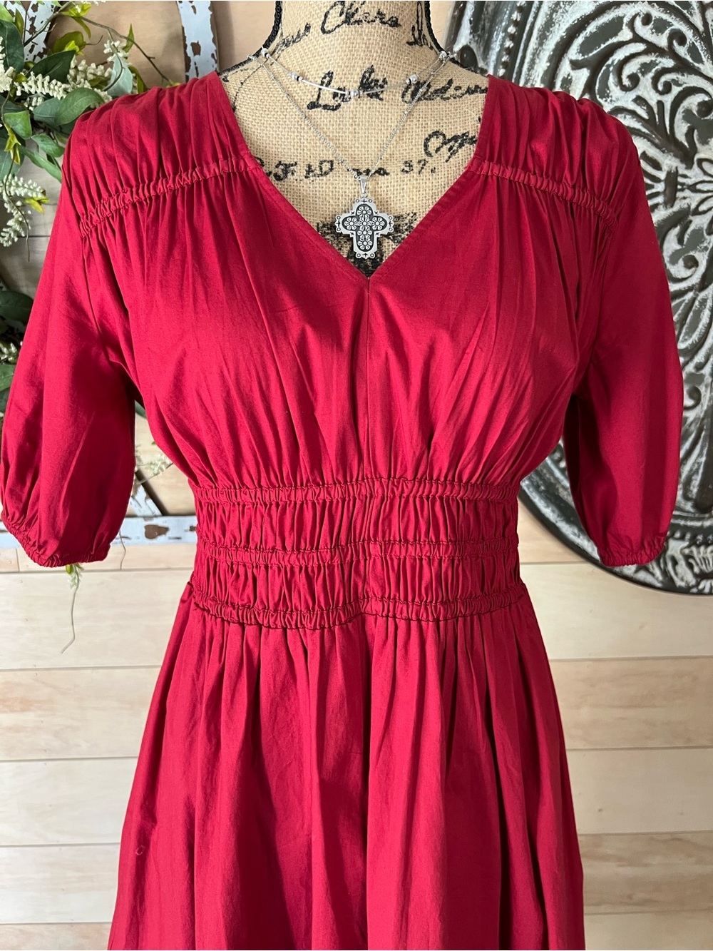 LOFT Crimson Smocked Waist V-Neck Dress